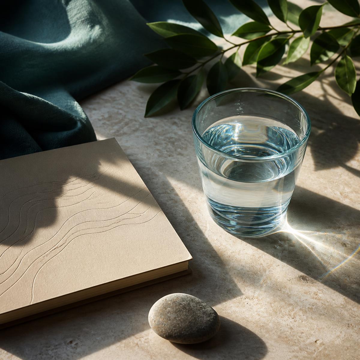 Water glass, journal, and greenery in warm light