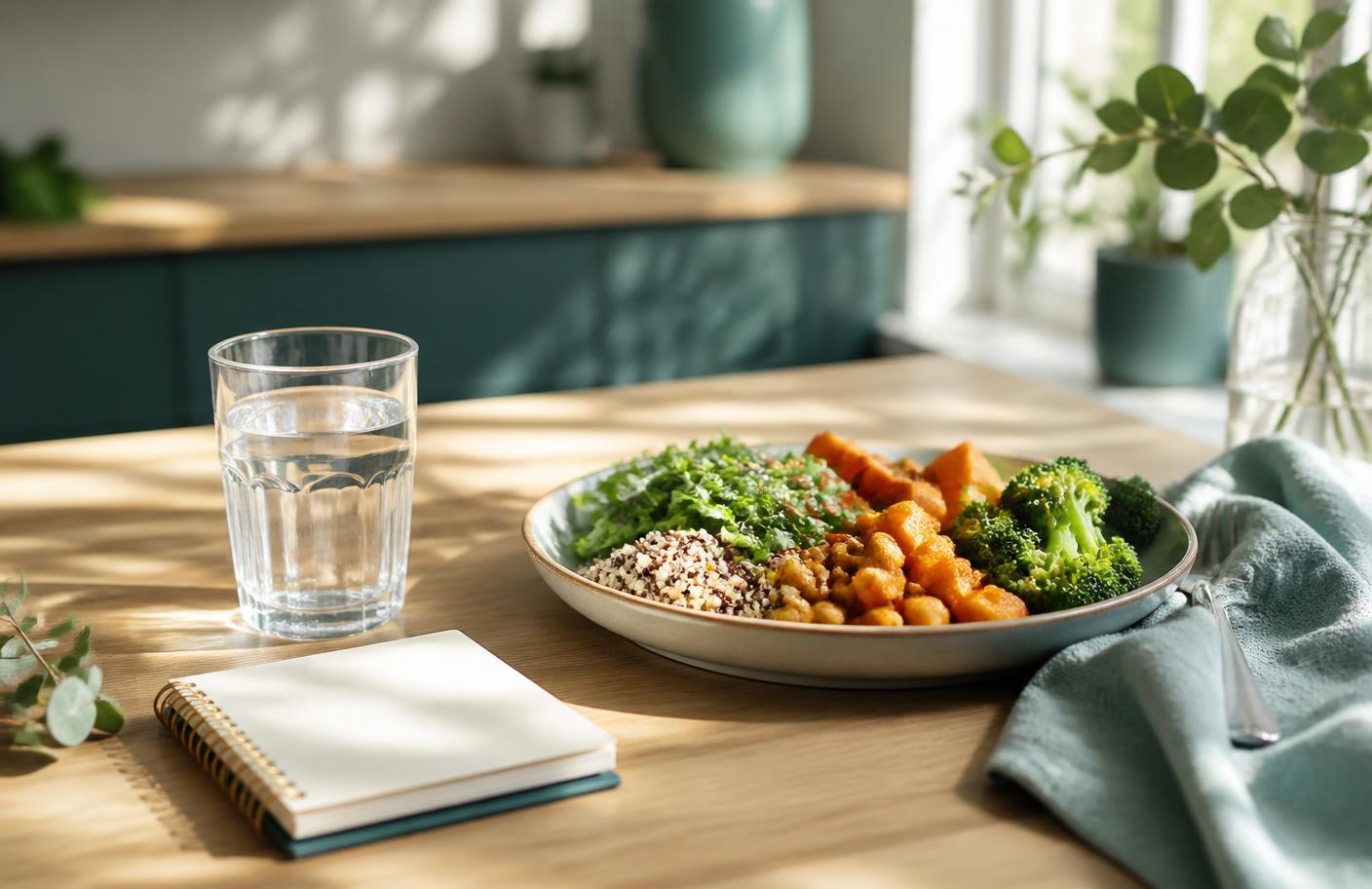 Balanced meal, water, and a notebook on a sunlit kitchen table